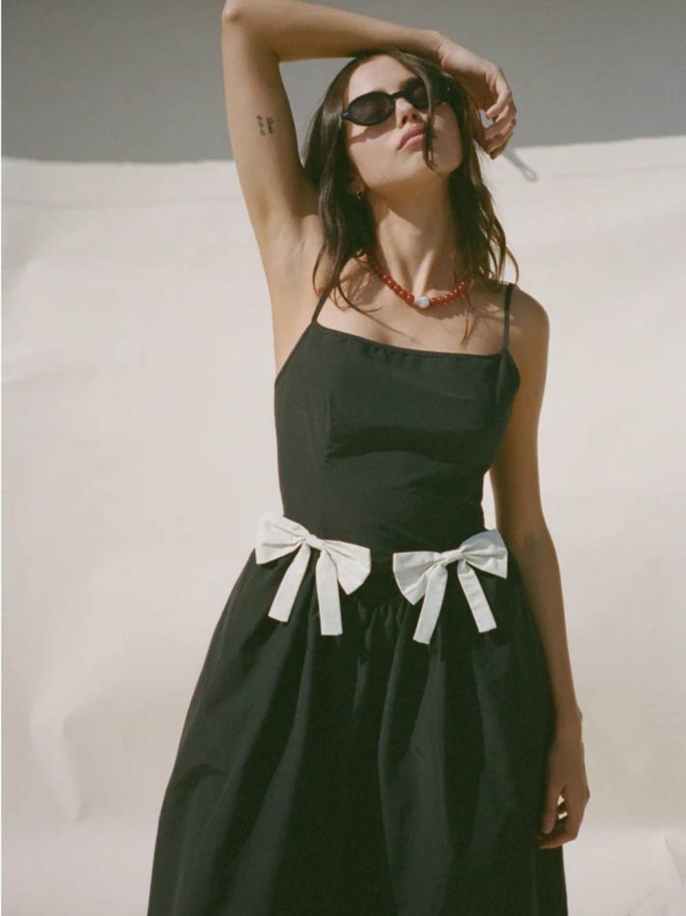 Ciao Lucia Black Maxi Dress with Cream Bow Accents